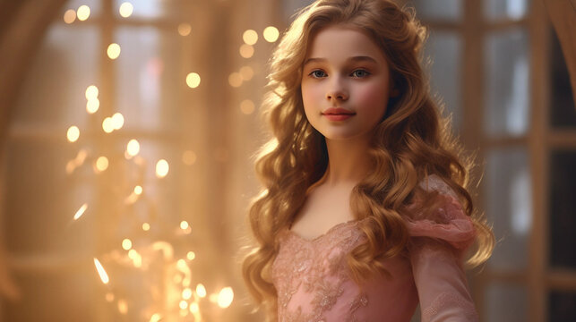 A Young Girl Wearing a Vintage Pink Dress in a Magical Fairy Tale Environment With Copy Space