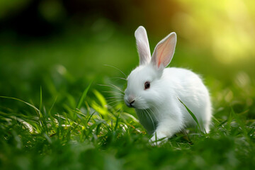 a rabbit running in a field of green grass. generative ai