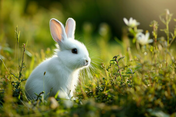 a rabbit running in a field of green grass. generative ai