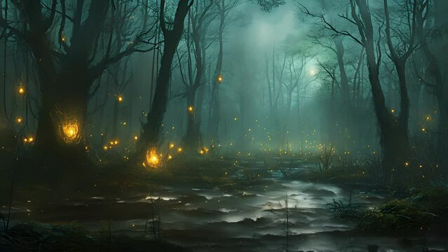 As night falls, the once peaceful swamp transforms into a labyrinth of glowing willothewisps, their ghostly forms weaving through the mist and tangles of overgrown vegetation, Fantasy animatio