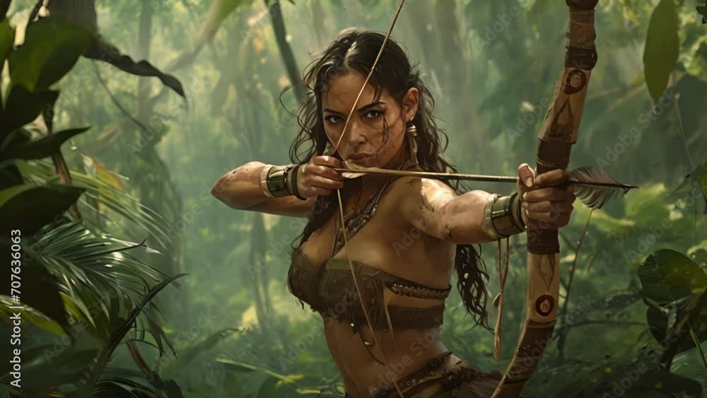 Poster as the sound of rustling leaves and snapping twigs signals her approach, the amazonian warrior readi