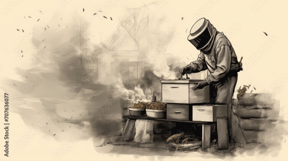 Aufkleber Sketch-style drawing of a beekeeper using a smoker to calm bees during hive inspection Generative AI