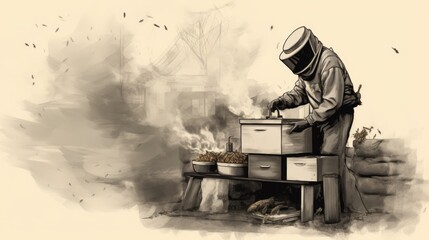Sketch-style drawing of a beekeeper using a smoker to calm bees during hive inspection Generative AI