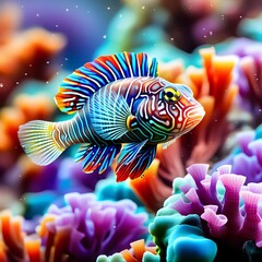 Mandarin Fish swimming in a vibrant life filled coral reef.