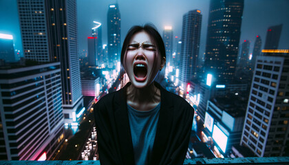Joven mujer liberando un grito poderoso en medio de la noche urbana, una expresión intensa de emoción y energía contra un fondo de rascacielos iluminados.