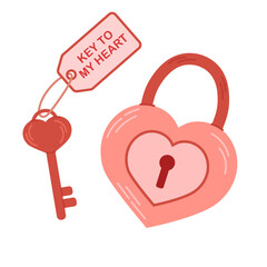 Heart-shaped lock. Key in heart shape. Sticker for Valentines day. Hand drawn isolated romantic design element.