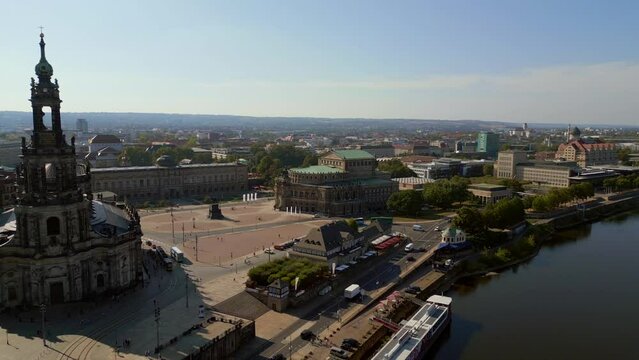 Cityscape Dresden Zwinger, Church, Opera at Elbe. Majestic aerial top view flight fly reverse drone

4k high quality footage