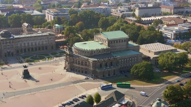 Cityscape Dresden Zwinger, Church, Opera at Elbe. Great aerial top view flight wide orbit overview drone
4k high quality footage
