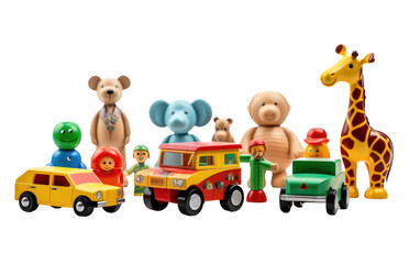 Obraz na płótnie Canvas An Array of Toys, Merging Teddy Bears and Adorable Mini Cars on White or PNG Transparent Background.