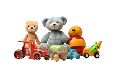 A Mix of Different Toys, Featuring Teddies and Cars for Dynamic Play on White or PNG Transparent Background.