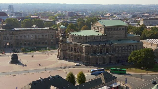 Cityscape Dresden Zwinger, Opera at river Elbe. Wonderful aerial top view flight fly push forward drone
4k high quality footage