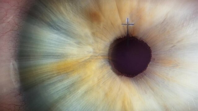 Cross of calvary in the center of human eye macro 