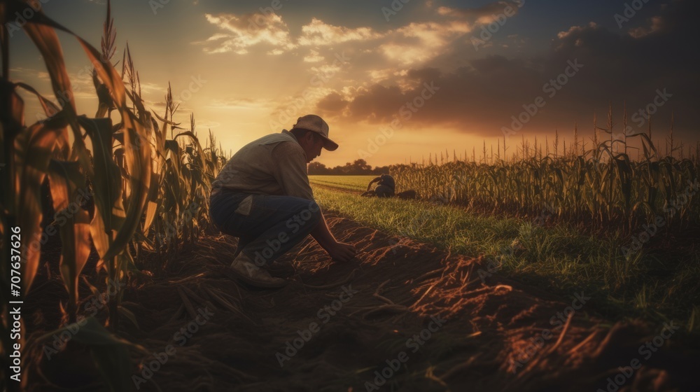 Poster sunset over a tranquil farm, with workers using traditional methods to handpick corn in a vast, ambe