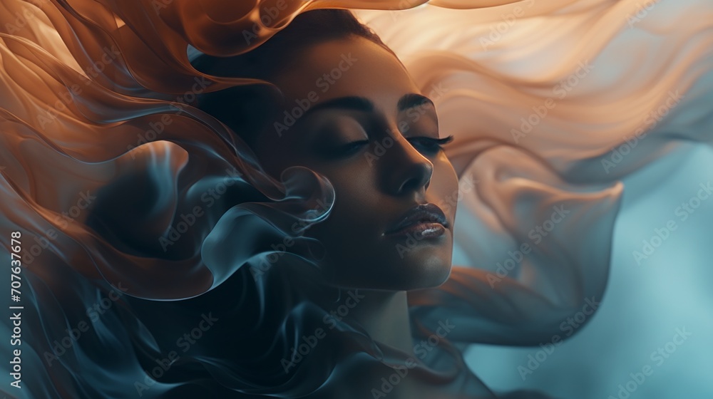 Poster Surreal, otherworldly shapes coalescing to create an abstract woman's face Generative AI