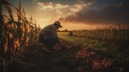 Sunset over a tranquil farm, with workers using traditional methods to handpick corn in a vast, amber-hued cornfield. Generative AI