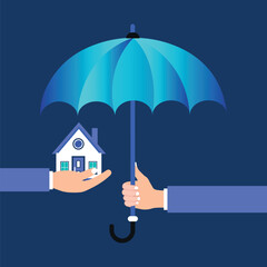 Hand holding umbrella over house flat vector illustration. Person protecting property or taking care of home or apartment