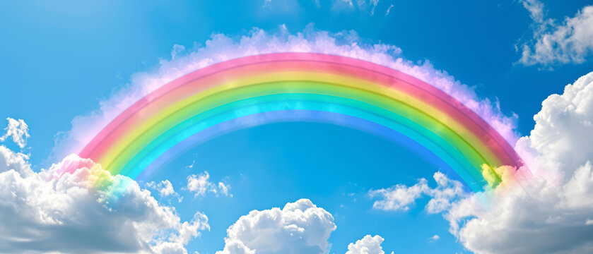 Vibrant rainbow with playful clouds at each end, set against a clear, bright blue sky.