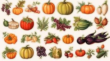 Thanksgiving-themed grocery art sticker collection featuring pumpkins, cranberries, and seasonal vegetables in atmospheric watercolor tones with loose linework details Generative AI