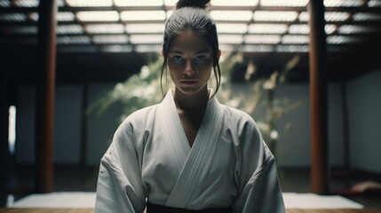 The ambiance of a girl gracefully executing kata in a kimono within the dojo's tranquil environment. Generative AI - obrazy, fototapety, plakaty