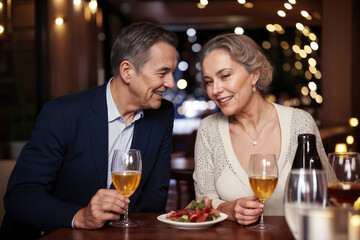 Elderly man and middle-aged woman, cheerful couple chatting in restaurant together