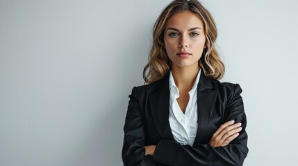 Against a white background, a confident and authoritative professional woman wearing a power suit