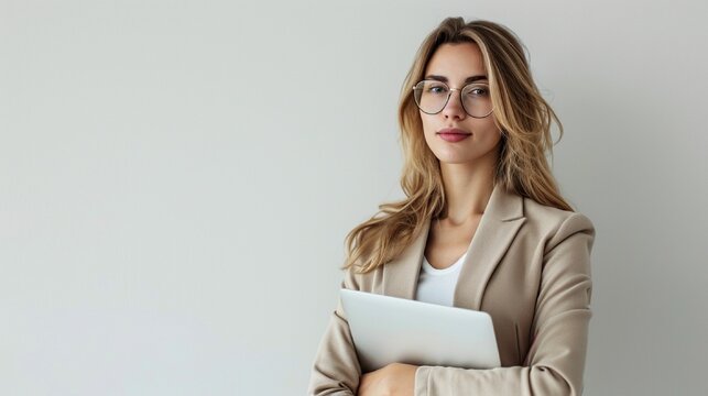 Against a white background, a self-assured businesswoman with a laptop demonstrates the ideal fusion of style and knowledge