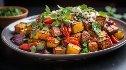 Roasted vegetables with quinoa and tofu on a plate sitting on a white table