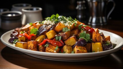 Roasted vegetables with quinoa and tofu on a plate sitting on a white table