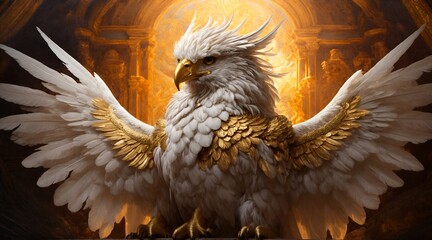 n this digital painting, a mesmerizingly radiant griffin with a wise and timeless aura captivates the viewer. 