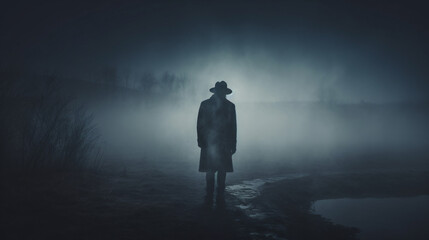 Man Waiting Mysteriously In The Fog. oncept Mysterios