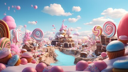 Fantasy candy land with colorful sweet castles, lollipops, and candies under a blue sky with fluffy...
