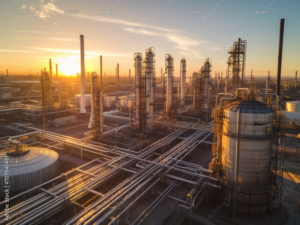 Wall mural Top view of the refinery, pipes, oil storage facilities against the background of the blue sky at sunset, the golden hour. - Wall murals