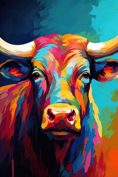 Colorful bull pop art style isolated on white background. Brightly coloured animals Bull print or canvas or download