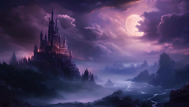 An ancient castle perched atop a rocky cliff in a sea of surreal purple clouds