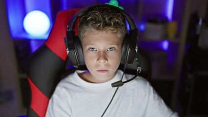 Adorable blond boy streamer, serious face focused on game, playing in dark gaming room with digital tech, sporting headset and sitting at computer table