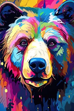 Abstract square animal background illustration - Colorful pop art painting of bear. Print on canvas or download