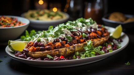 Stuffed sweet potato Mexican style. the dish is on a plate on a white table.