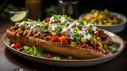 Stuffed sweet potato Mexican style. the dish is on a plate on a white table.