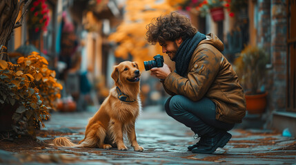 A man sits and takes a photo of a golden retriever dog.