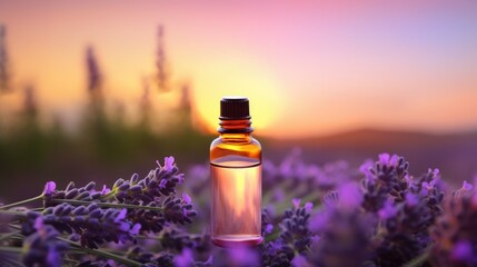 Essential oil bottle with lavender flowers against a sunset.