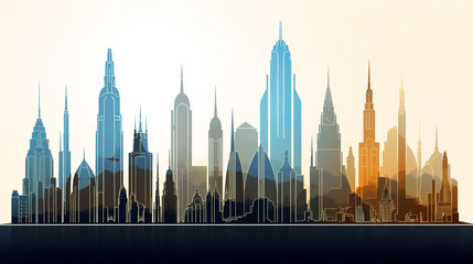 This image features a stylized city skyline silhouette with varied building shapes against a gradient of warm to cool tones with copy space. City rendering concept. AI generated.