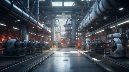 Obraz premium A factory for the production of missiles, tanks and modern military equipment with natural light, a view from the inside.