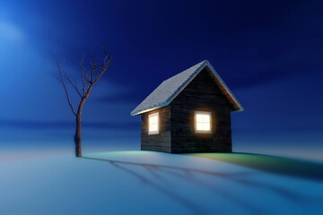 A small wooden house covered with snow during a quiet winter night.