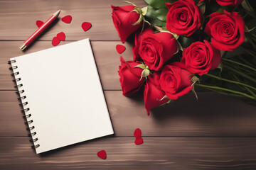 Red roses and blank paper notebook on Valentine Day on table. Romantic invitation to write message to anonymous lover for wonderful floral gift for holiday