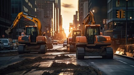 A vibrant cityscape filled with construction machinery at the break of dawn - obrazy, fototapety, plakaty