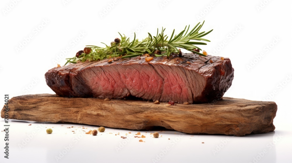 Poster a flavorful bison sirloin piece showcased in a close-up realistic photo against a white background g