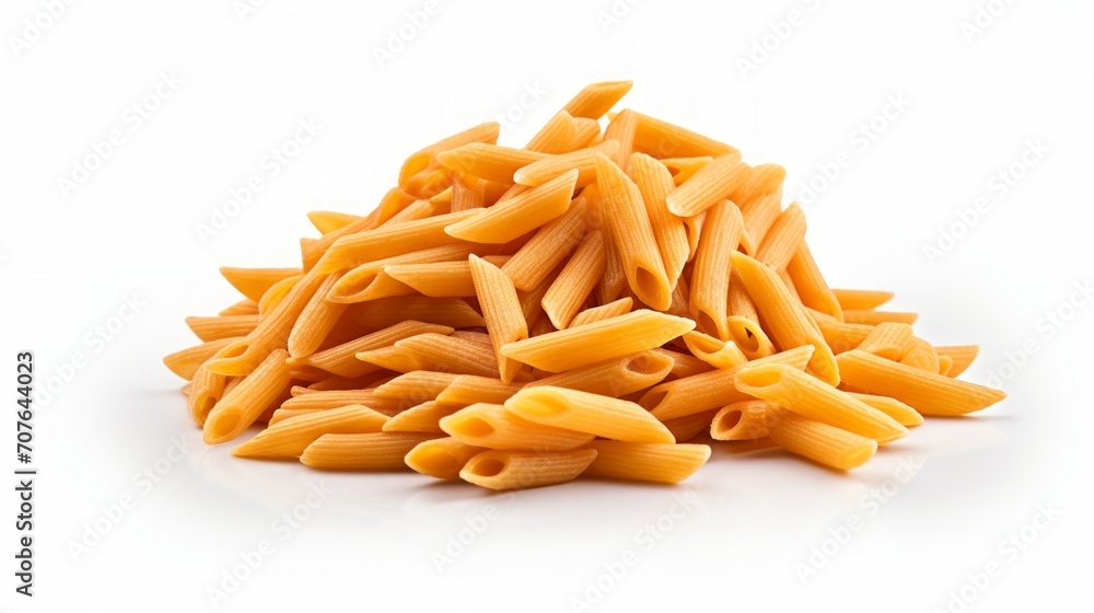 Poster a heap of penne pasta captured in a close-up realistic photo against a white background generative a