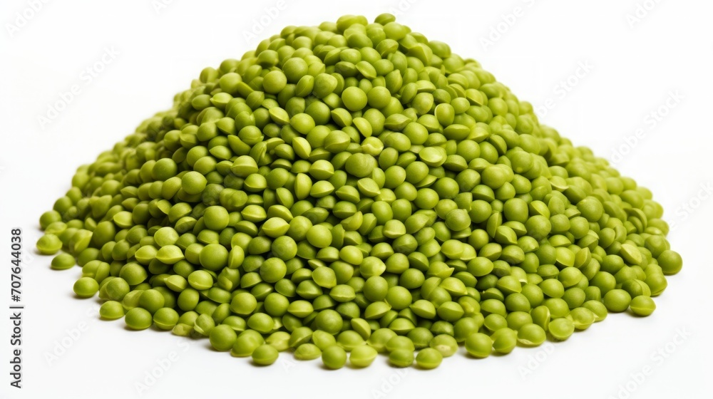 Poster A small heap of mung beans captured in a close-up realistic photo against a white background Generative AI