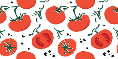 Seamless pattern with red tomatoes and black pepper. Vector cartoon illustration