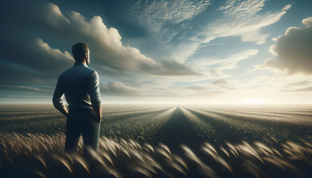 Hombre reflexionando sobre la vida en un campo de cultivo de trigo. Cuestionando c&oacute;mo es la vida, mirando el atardecer al aire libre. Libertad emprendedora. Hombre pensando. Mirada al horizonte.